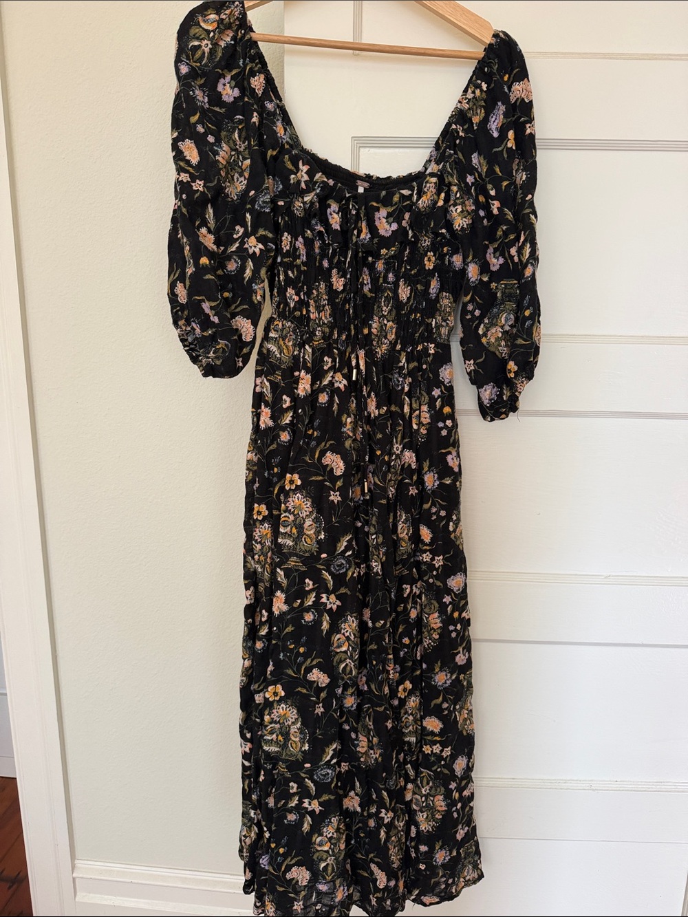 Free People Black Floral Maxi Dress with Puff Sleeves